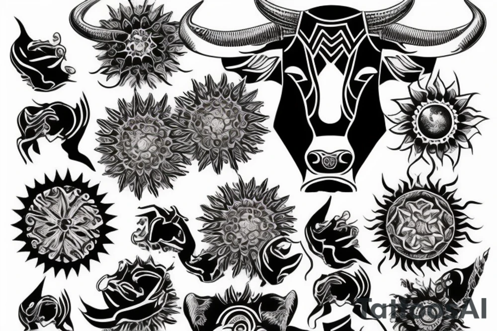 Aggressive bull with sun tattoo idea