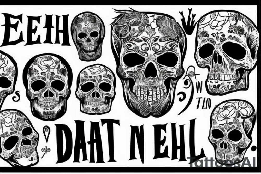 Skull and words “Death is a necessary end, it will come when it will come” tattoo idea