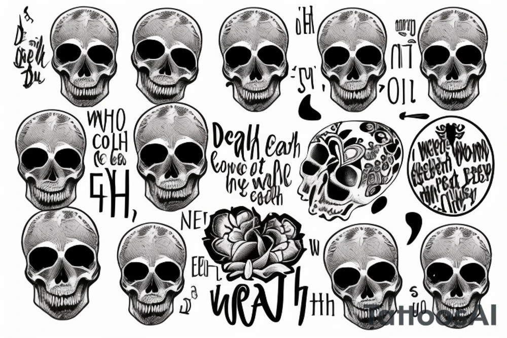 Skull and words “Death is a necessary end, it will come when it will come” tattoo idea