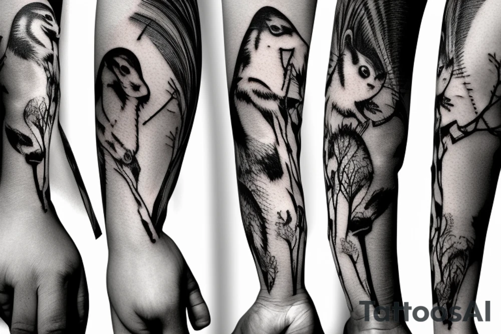 the squirrel from the lines goes down the arm to the palm tattoo idea