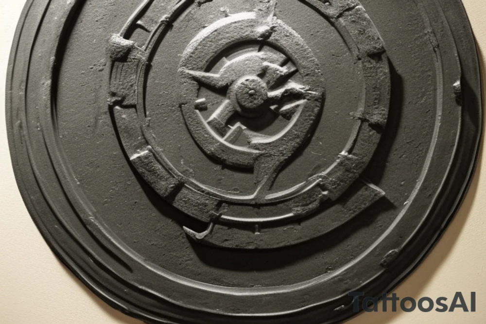 1. I envision a Spartan shield, with tremendous details of dark and grey realism and shadowing to create depth and heft (weight). 

2. The shield has alot of impact blows from previous combat (dents) -- it went through many battles.

3. In the shield, there are also holes (can be seen in pictures) from previous arrow hits.

4. In the shield, some arrows are still stuck inside. 2/3 are broken from impact so they are not whole. The arrowhead is stuck in the metal shield, but splintered wood in great detail is at the other side (broken)

5. Lastly, there are also 1/2 arrows that are still not broken (whole). I want the art to show their unique Persian metal shape.

6. One of the arrows that is still whole with the feathers on it's end is going is inked from chest to the V shape of neck shirts (so if I wear polo shirt or buttons shirt and first two buttons are open, you can see the very end of the arrow's feathers. tattoo idea