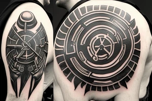 a Spartan shield, with tremendous details of dark and grey realism and shadowing to create depth and heft (weight). tattoo idea