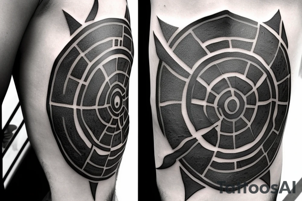 a Spartan shield, with tremendous details of dark and grey realism and shadowing to create depth and heft (weight). tattoo idea
