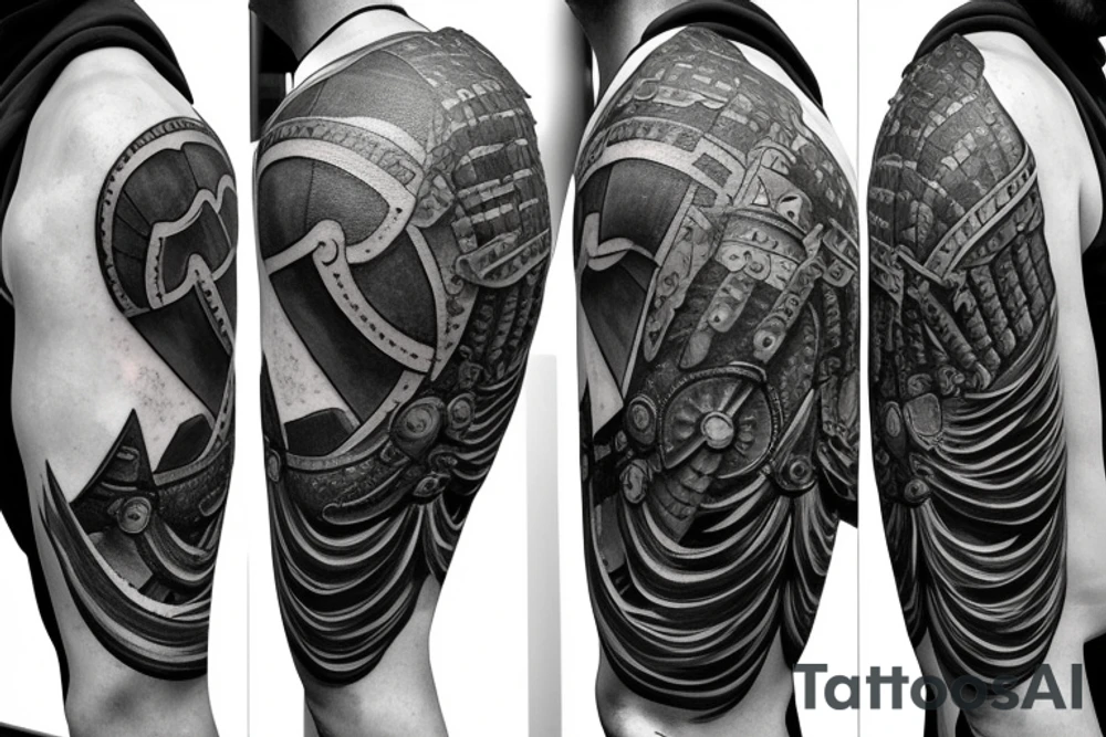 a Spartan shield, with tremendous details of dark and grey realism and shadowing to create depth and heft (weight). tattoo idea