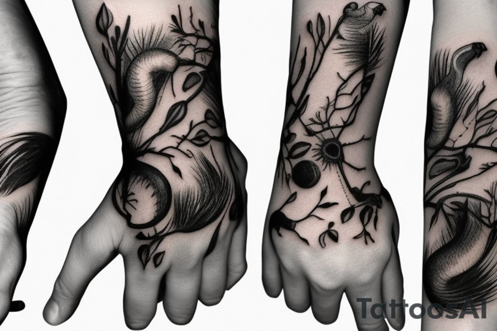 the squirrel from the lines goes down the arm to the palm tattoo idea
