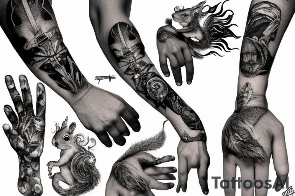 the squirrel from the lines goes down the arm to the palm tattoo idea