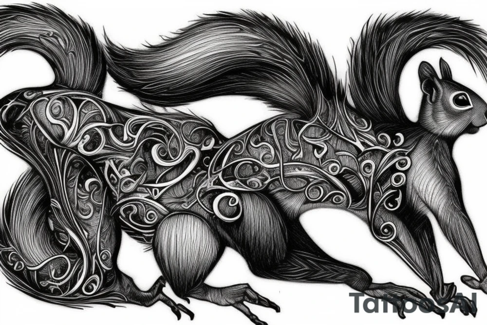 the lines in the trable style have outlines similar to a squirrel that descends down tattoo idea