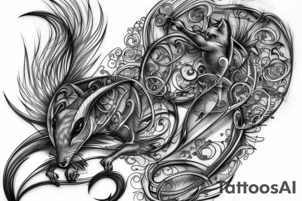 the lines in the trable style have outlines similar to a squirrel that descends down tattoo idea