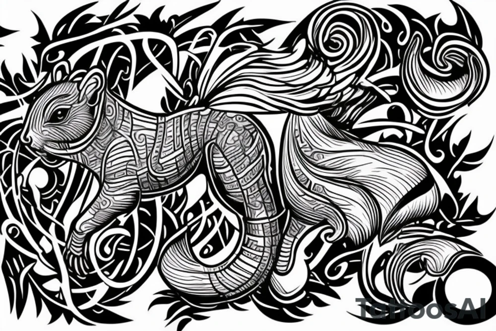 the lines in the trable style have outlines similar to a squirrel that descends down tattoo idea