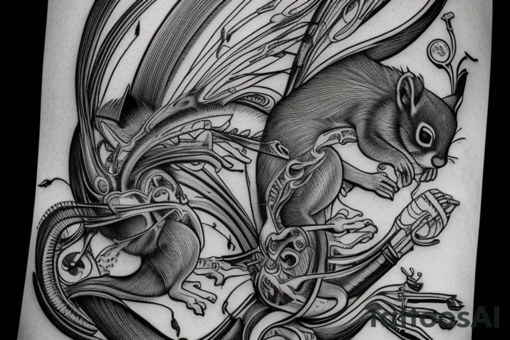 the lines in the trable style have outlines similar to a squirrel that descends down tattoo idea