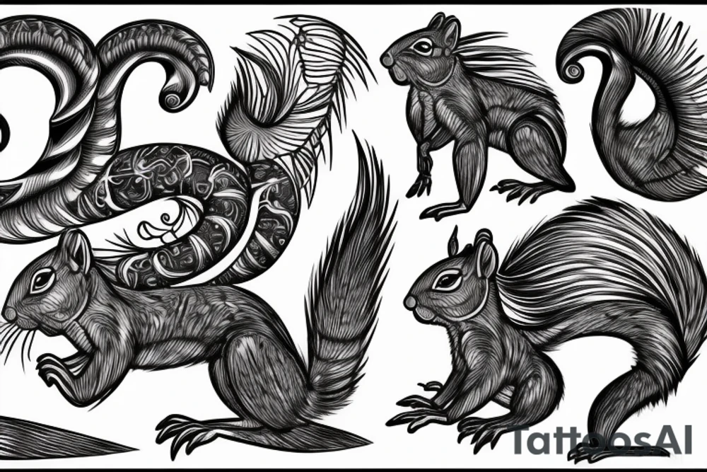 the lines in the trable style are shaped like a squirrel that goes down the arm tattoo idea