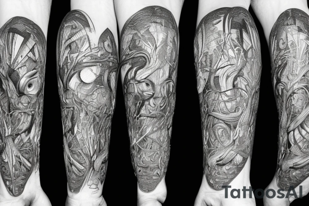 the lines in the trable style are shaped like a squirrel that goes down a tree and tries to reach a nut tattoo idea