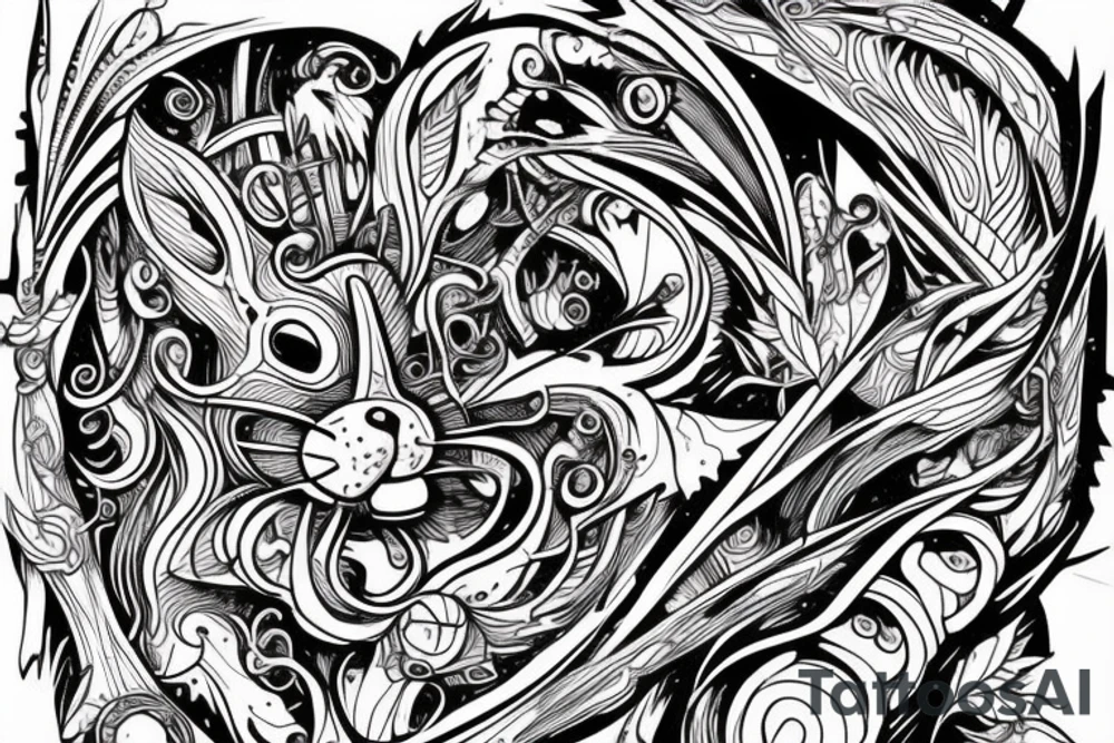 the lines in the trable style are shaped like a squirrel that goes down a tree and tries to reach a nut tattoo idea