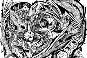 the lines in the trable style are shaped like a squirrel that goes down a tree and tries to reach a nut tattoo idea
