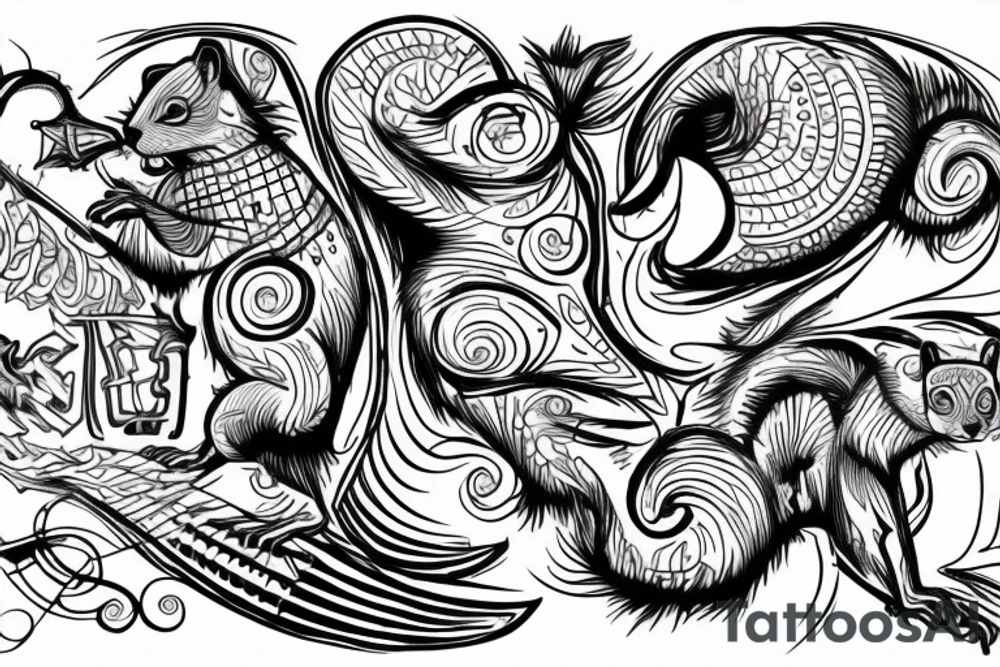 the lines in the trable style are shaped like a squirrel that goes down a tree and tries to reach a nut tattoo idea