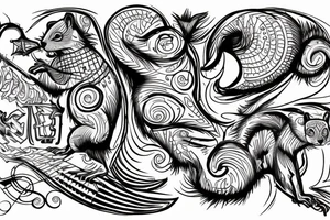 the lines in the trable style are shaped like a squirrel that goes down a tree and tries to reach a nut tattoo idea