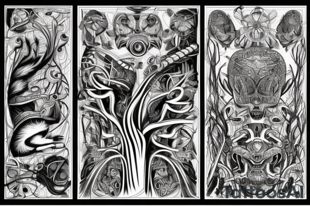 the lines in the trable style are shaped like a squirrel that goes down a tree and tries to reach a nut tattoo idea