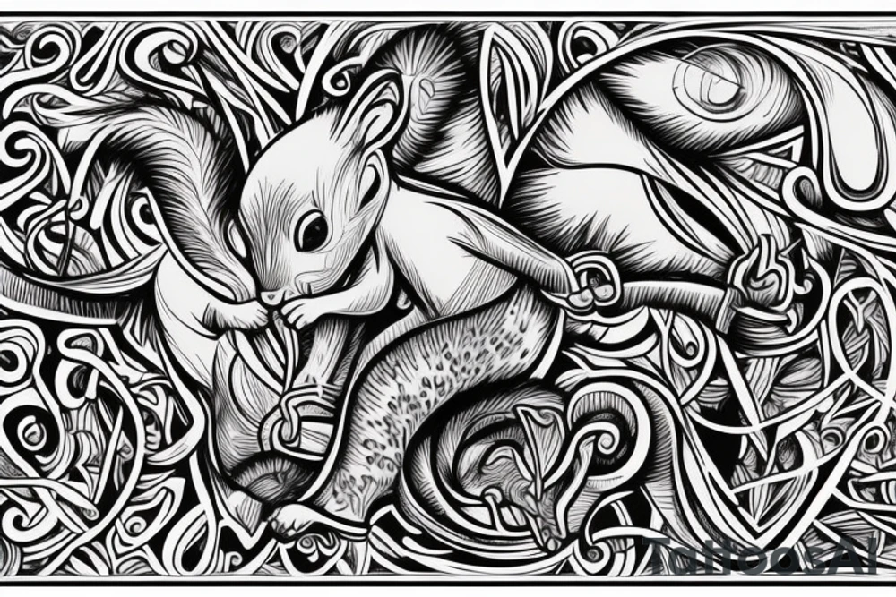 the lines in the trable style are shaped like a squirrel that goes down a tree and tries to reach a nut tattoo idea