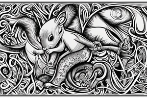 the lines in the trable style are shaped like a squirrel that goes down a tree and tries to reach a nut tattoo idea