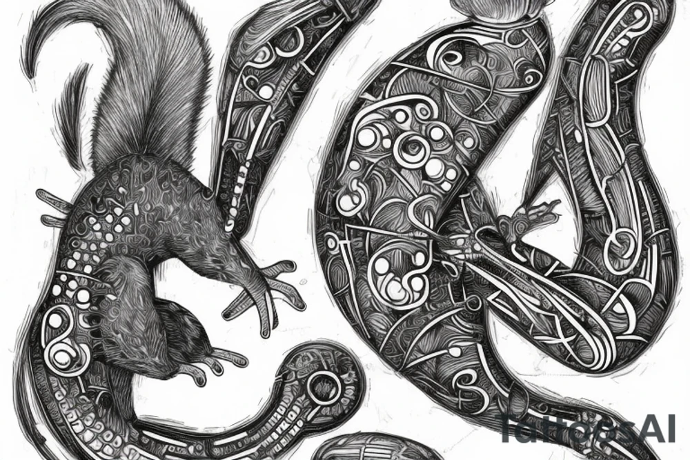 the lines in the trable style are shaped like a squirrel that goes down a tree tattoo idea