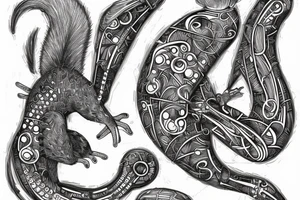 the lines in the trable style are shaped like a squirrel that goes down a tree tattoo idea