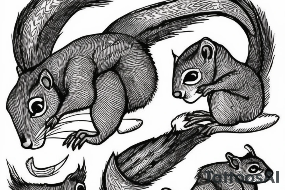 the lines in the trable style are shaped like a squirrel that goes down a tree tattoo idea