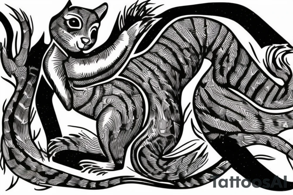 the lines in the trable style are shaped like a squirrel that goes down a tree tattoo idea