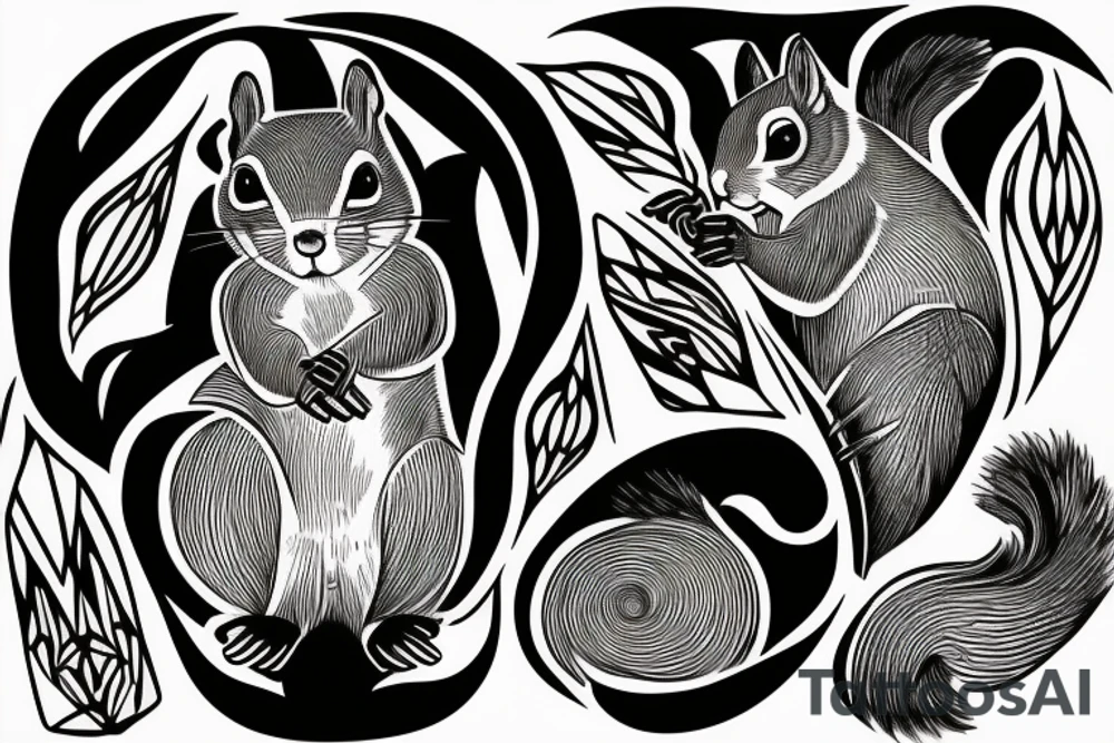 the lines in the trable style are shaped like a squirrel that goes down a tree tattoo idea