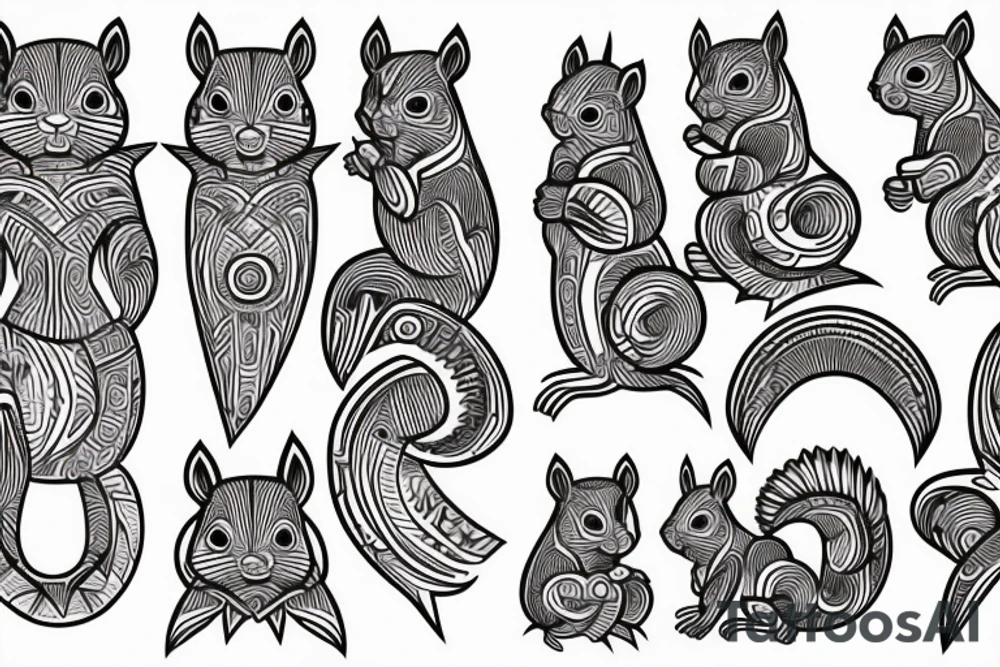 the lines in the trable style are shaped like a squirrel that goes down a tree tattoo idea