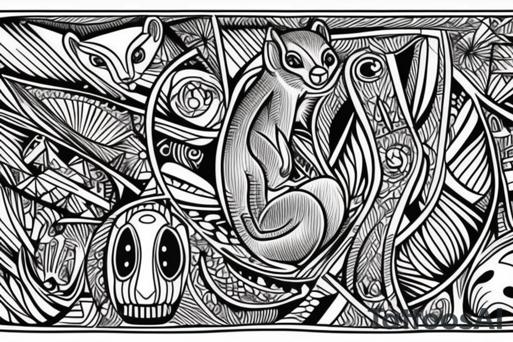 the lines in the trable style are shaped like a squirrel that goes down a tree tattoo idea
