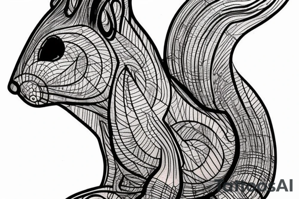 the lines in the trable style are shaped like a squirrel that goes down a tree tattoo idea