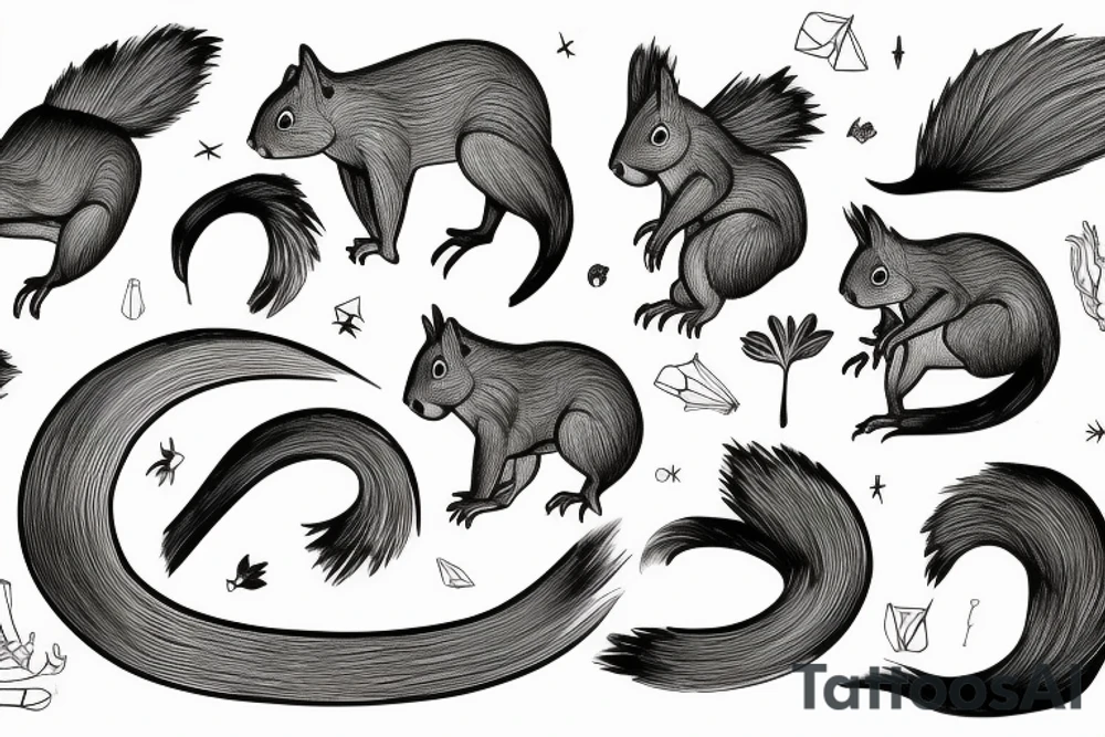 the lines in the trable style are shaped like a squirrel that goes down a tree tattoo idea
