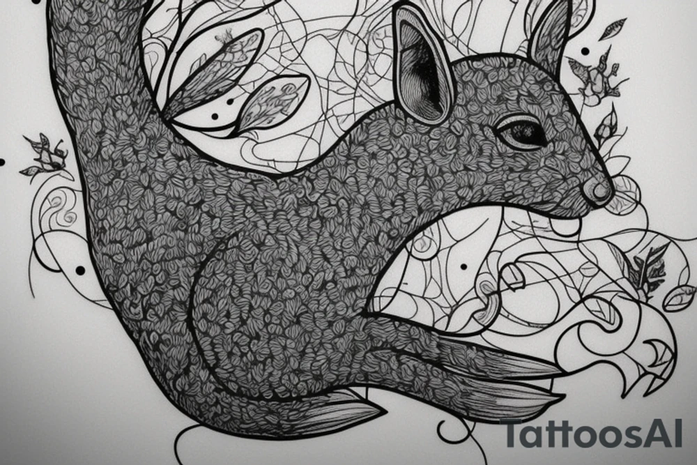 the lines in the trable style are shaped like a squirrel that goes down a tree tattoo idea