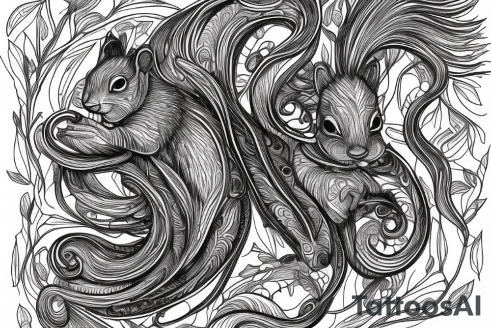 the interlacing of the line in the trable style, the contour resembles a squirrel that goes down for a nut tattoo idea