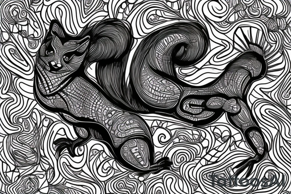 the interlacing of the line in the trable style, the contour resembles a squirrel that goes down for a nut tattoo idea