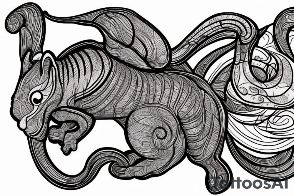 the interlacing of the line in the trable style, the contour resembles a squirrel that goes down for a nut tattoo idea