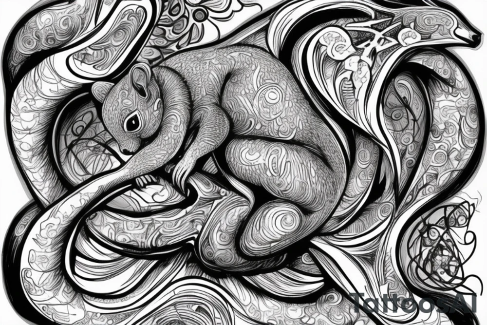 the interlacing of the line in the trable style, the contour resembles a squirrel that goes down for a nut tattoo idea