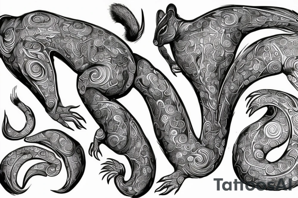 the interlacing of the line in the trable style, the contour resembles a squirrel that goes down for a nut tattoo idea