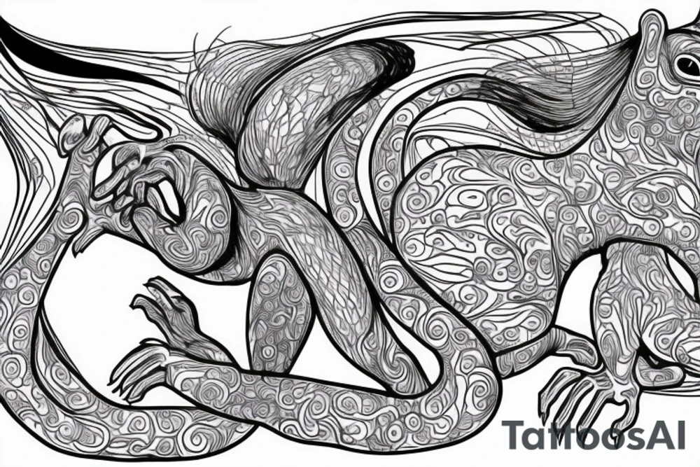 the interlacing of the line in the trable style, the contour resembles a squirrel that goes down for a nut tattoo idea