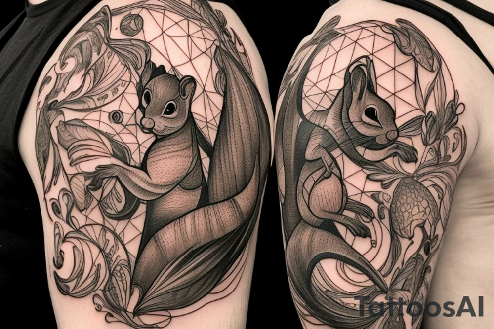 the interlacing of the line in the trable style, the contour resembles a squirrel that goes down, the head is at the bottom, the tail is at the top tattoo idea