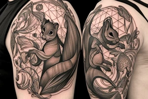 the interlacing of the line in the trable style, the contour resembles a squirrel that goes down, the head is at the bottom, the tail is at the top tattoo idea