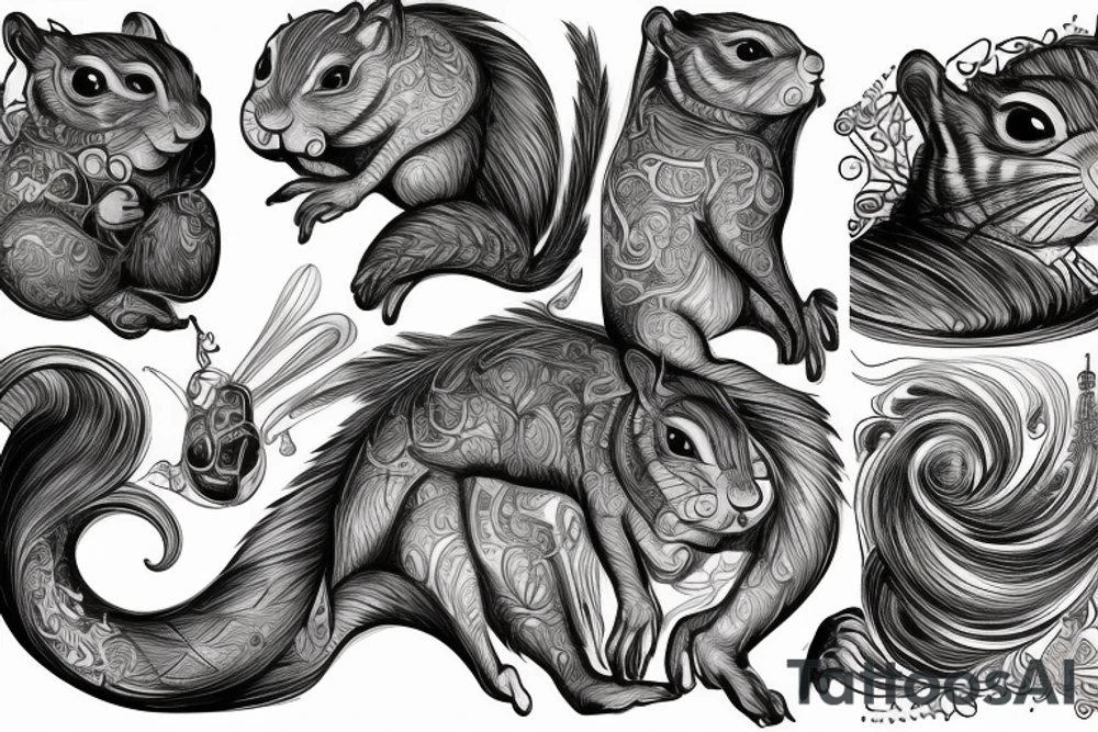 the interlacing of the line in the trable style, the contour resembles a squirrel that goes down, the head is at the bottom, the tail is at the top tattoo idea