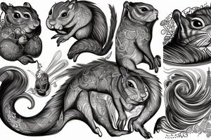 the interlacing of the line in the trable style, the contour resembles a squirrel that goes down, the head is at the bottom, the tail is at the top tattoo idea