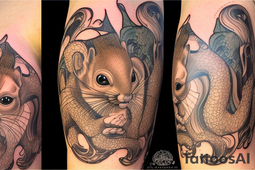 the interlacing of the line in the trable style, the contour resembles a squirrel that goes down, the head is at the bottom, the tail is at the top tattoo idea