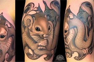 the interlacing of the line in the trable style, the contour resembles a squirrel that goes down, the head is at the bottom, the tail is at the top tattoo idea