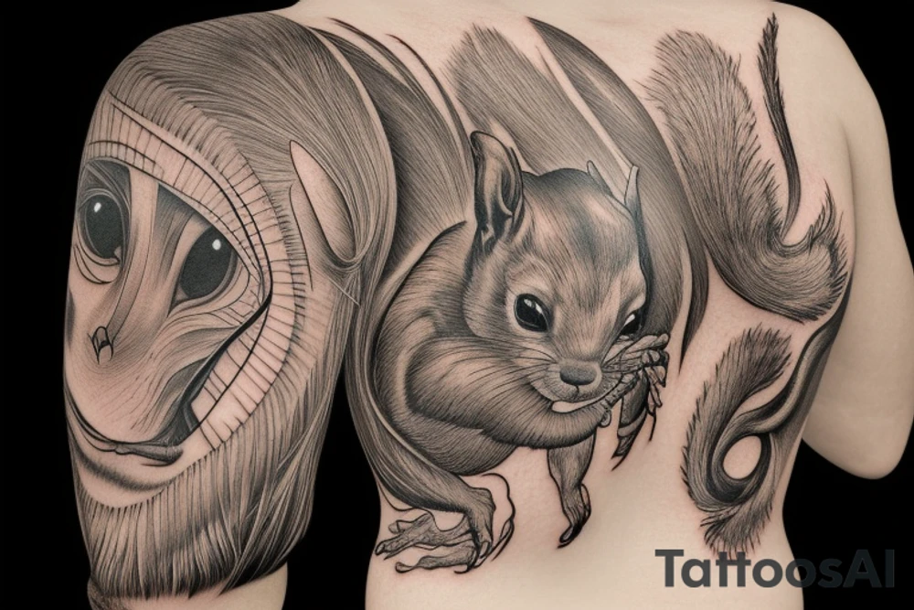 the interlacing of the line in the trable style, the contour resembles a squirrel that stretches behind a nut, the head at the bottom, the tail at the top tattoo idea