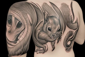 the interlacing of the line in the trable style, the contour resembles a squirrel that stretches behind a nut, the head at the bottom, the tail at the top tattoo idea