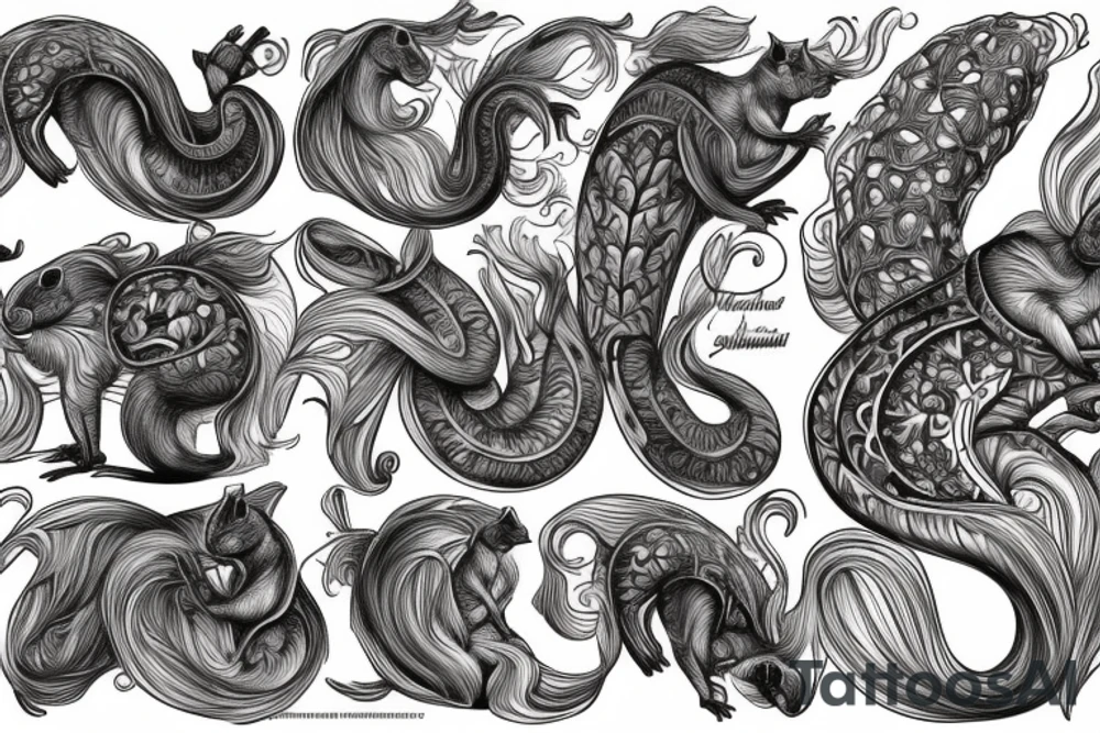 the interlacing of the line in the trable style, the contour resembles a squirrel that stretches behind a nut, the head at the bottom, the tail at the top tattoo idea