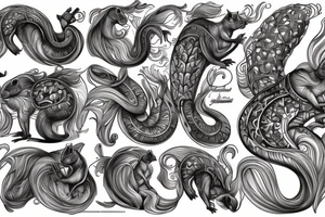 the interlacing of the line in the trable style, the contour resembles a squirrel that stretches behind a nut, the head at the bottom, the tail at the top tattoo idea
