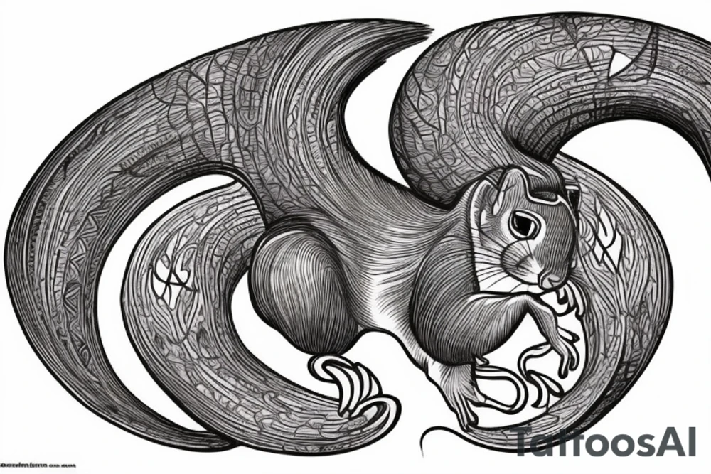 the interlacing of the line in the trable style, the contour resembles a squirrel that stretches behind a nut, the head at the bottom, the tail at the top tattoo idea
